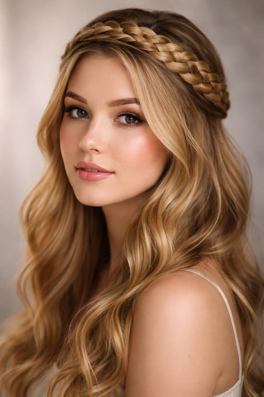 Close-up of a halo braided crown hairstyle with loose waves, studio lighting