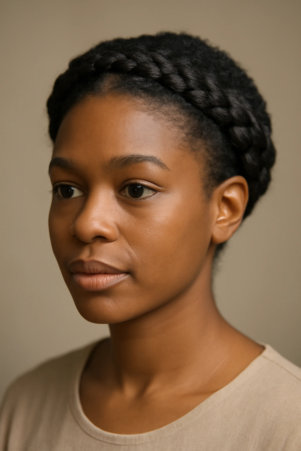 Close-up of a short natural hairstyle with a braided crown halo around the head