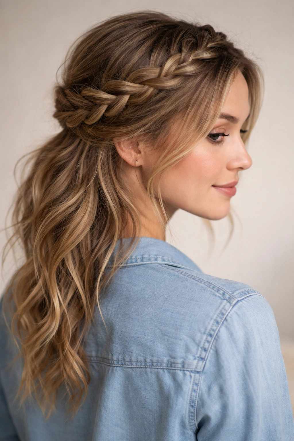 Head-and-shoulders shot of a loose braided crown with soft, undone ends.