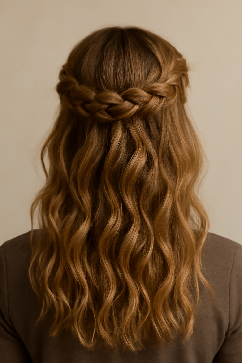 Braided crown with loose waves cascading below