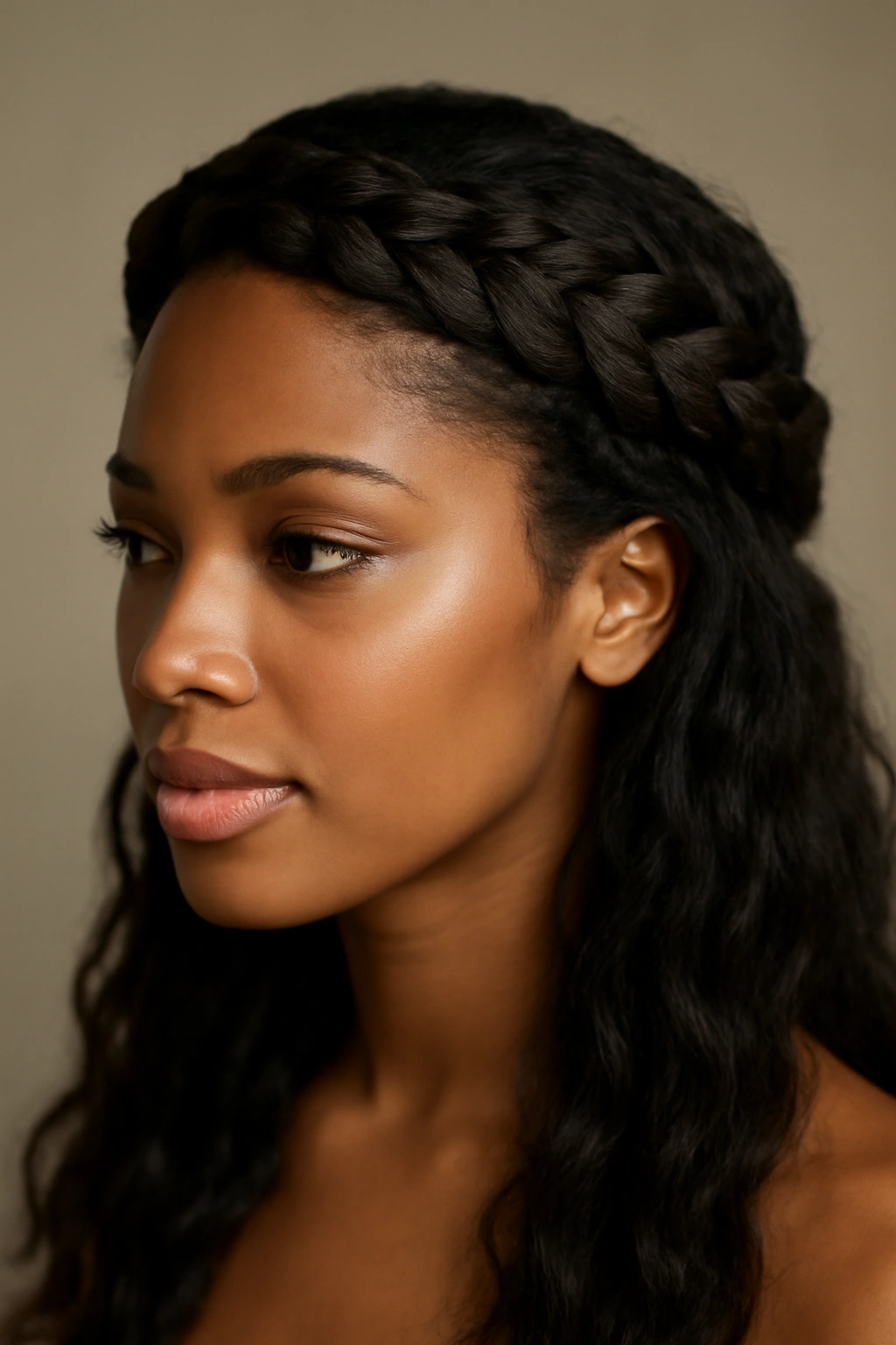 Braided crown encircling head with loose hair; elegant protective hairstyle for black hair.