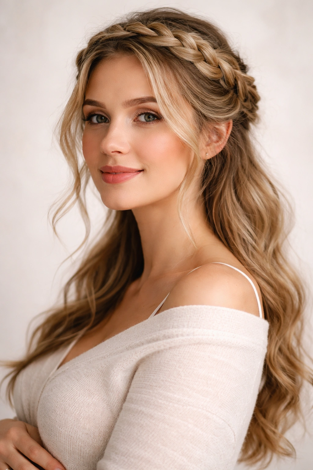 Close-up of a loose braided crown hairstyle on a pregnant woman