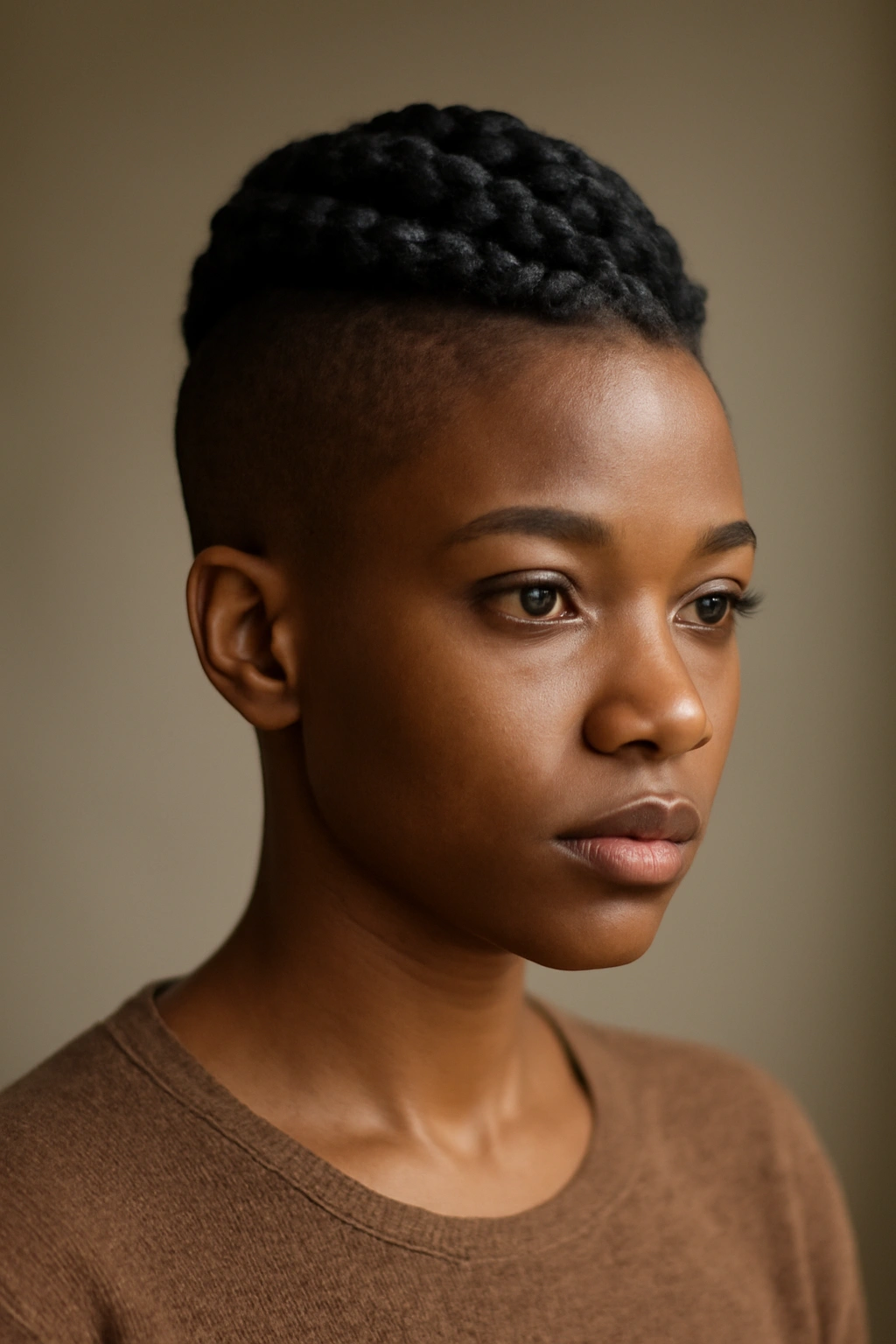 Portrait of a person with a braided crown and shaved sides