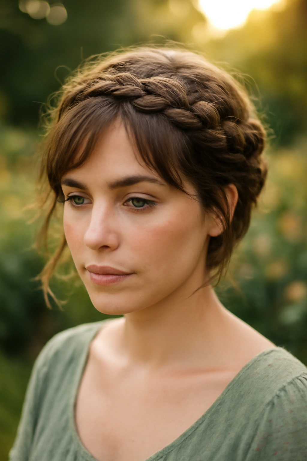 Close-up portrait of short hair with a decorative braided crown encircling the head in a garden setting