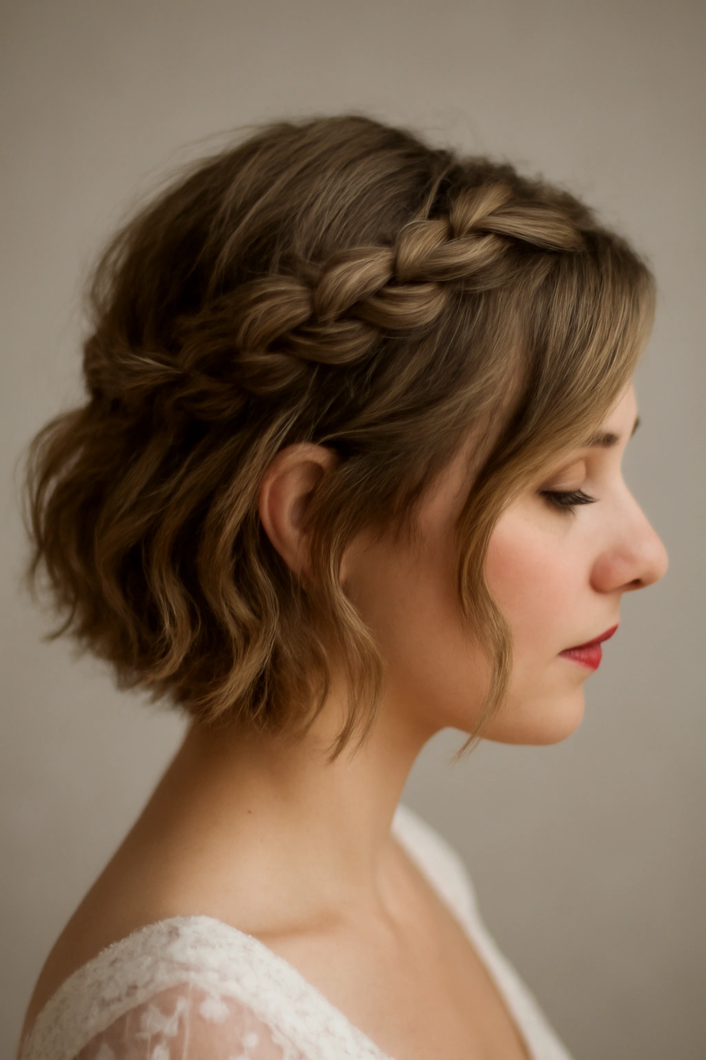 Close-up of a short bridal hairstyle with a delicate crown braid and loose waves.