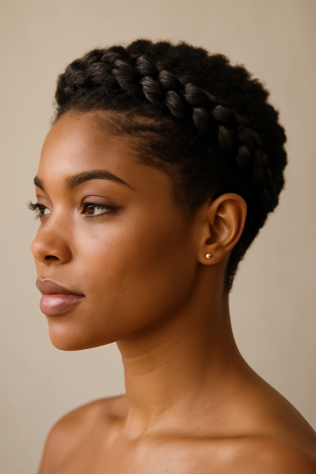 Braided crown on short hair close-up