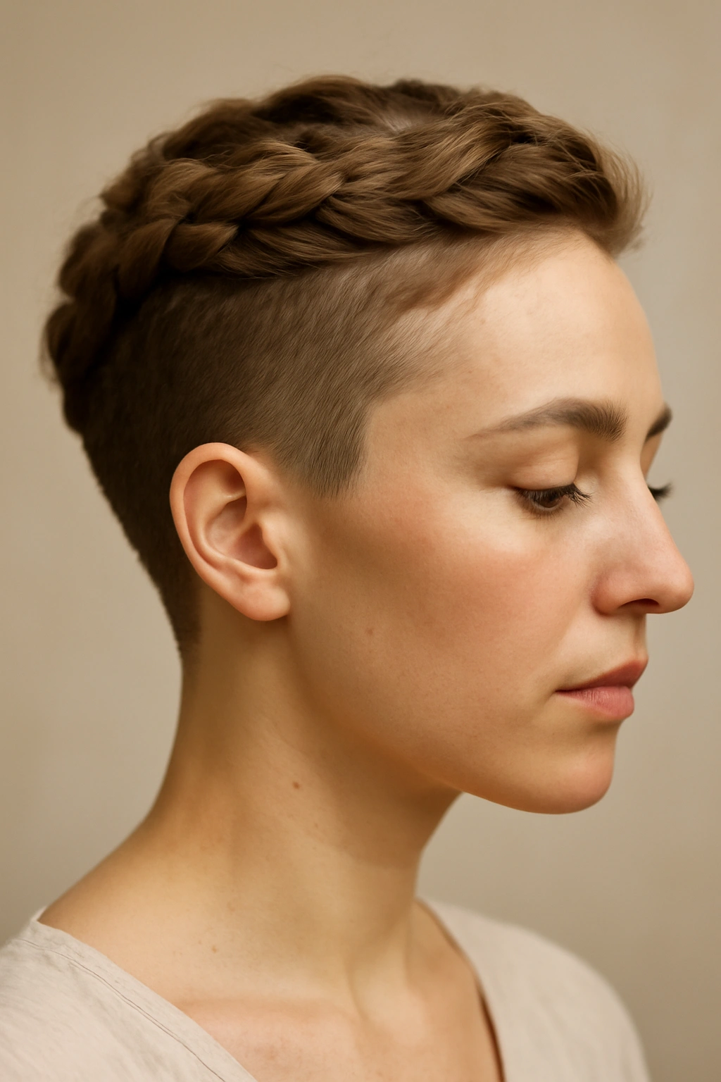 Headshot showing braided crown with short sides