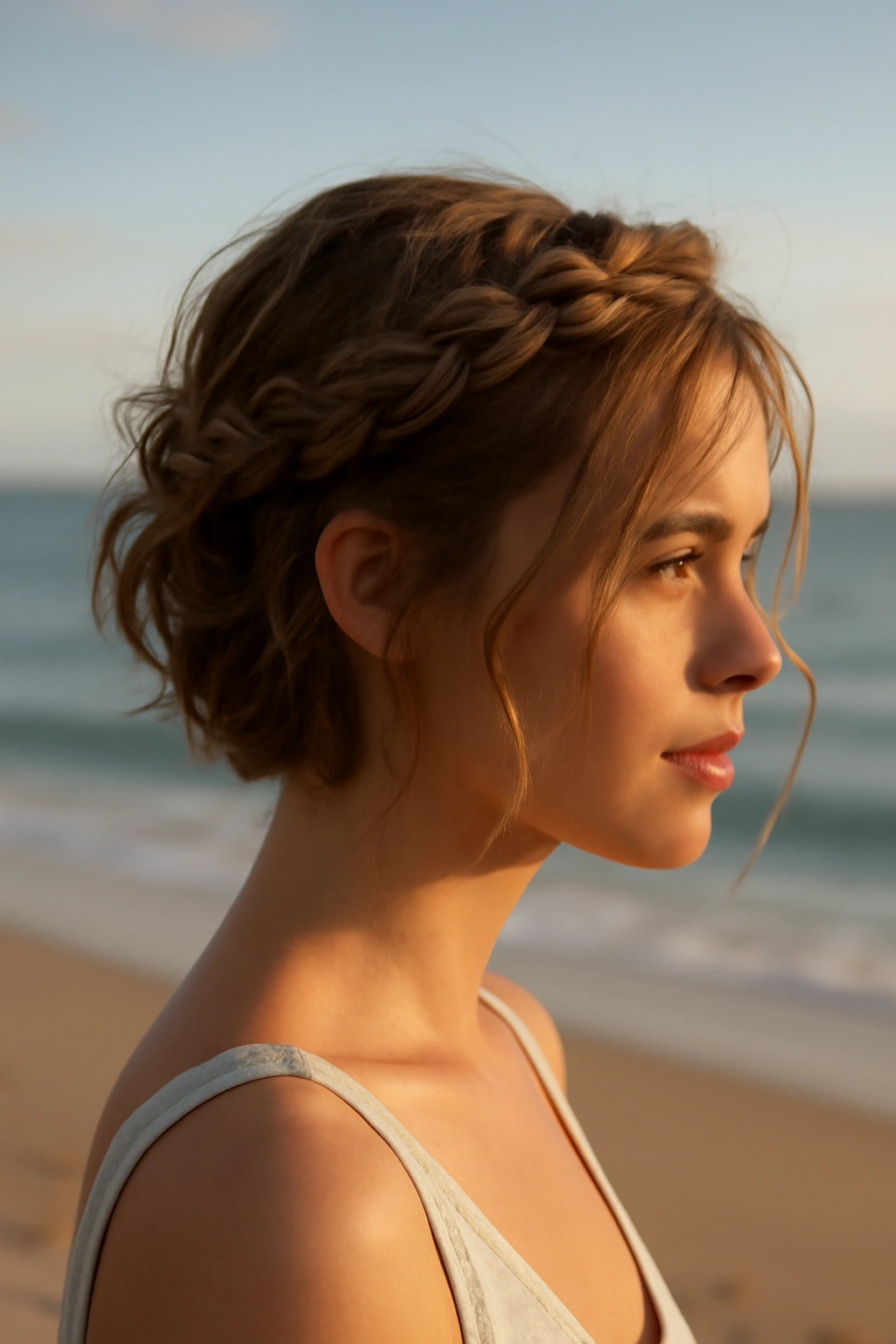 Close-up of braided crown with loose tendrils on short hair at the beach