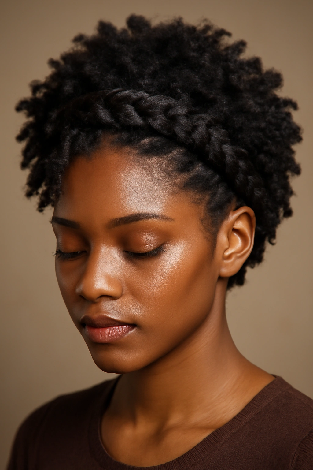 Twist out styled with a braided crown detail on short natural hair