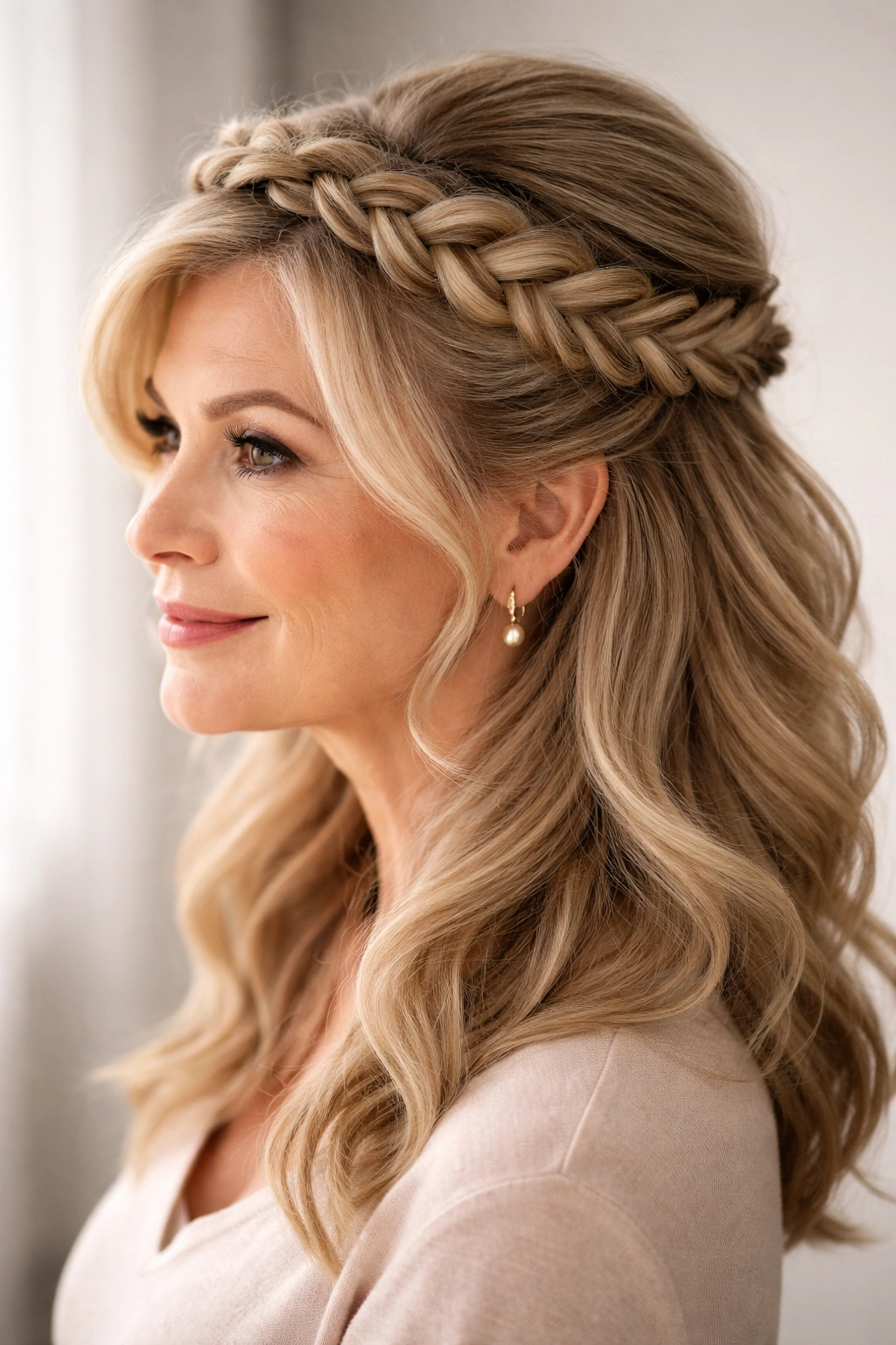 Hair styled into a crown braid along the scalp with volume and soft waves beneath
