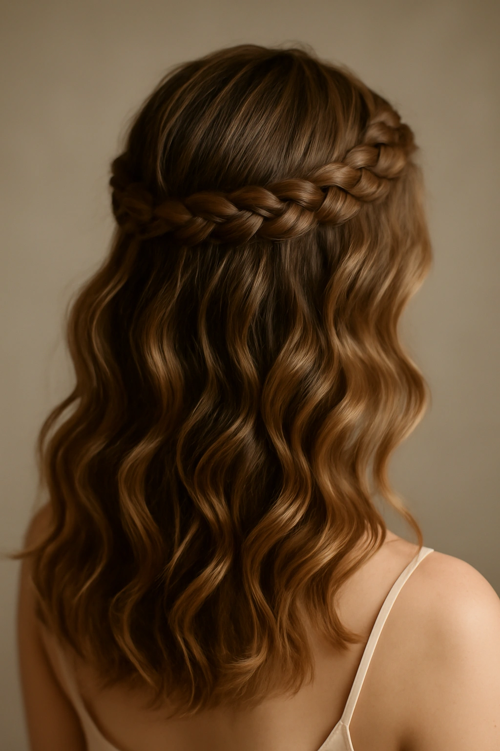Braided crown with soft waves forming a romantic bridal silhouette