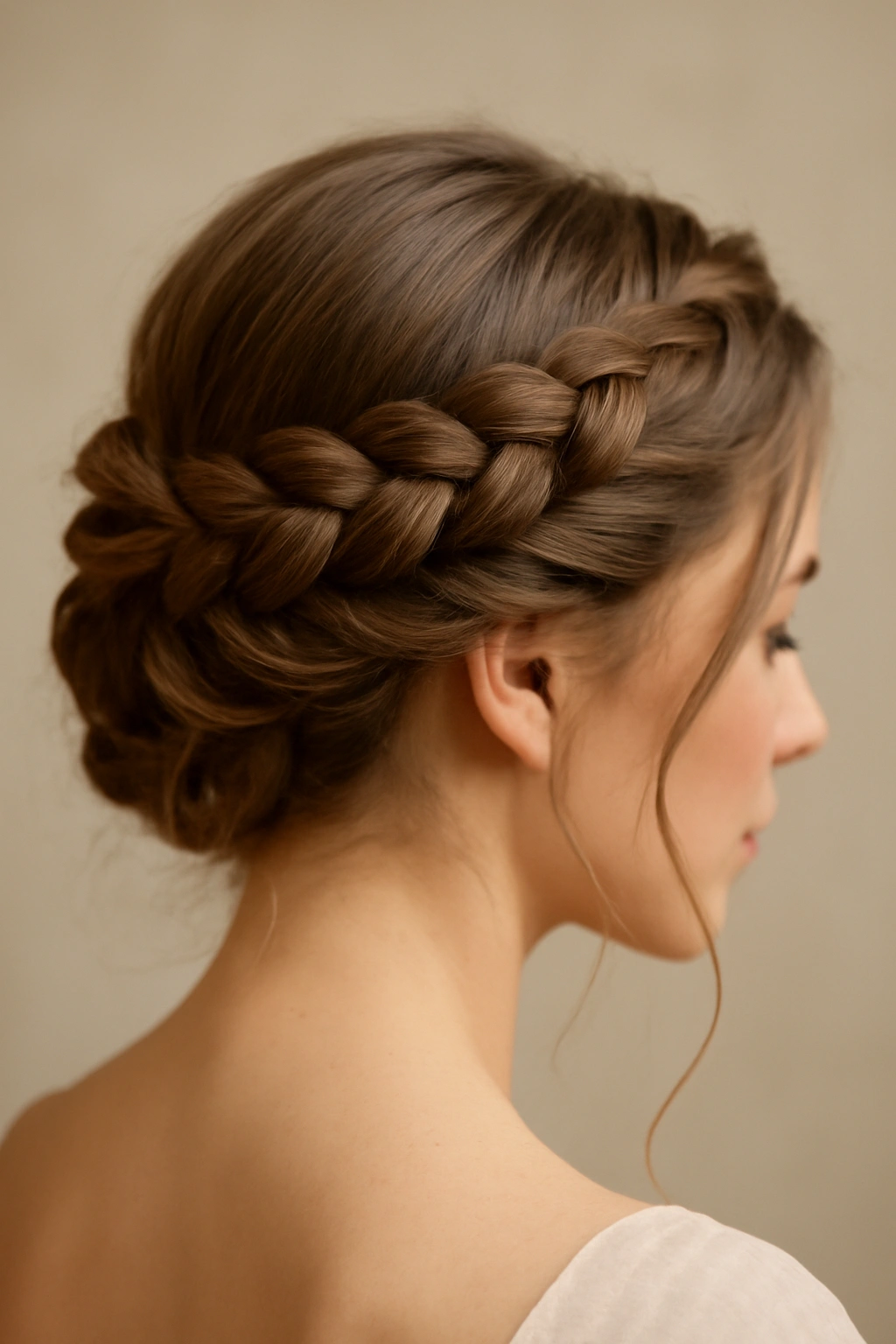 Romantic braided crown hairstyle encircling the head in studio lighting.