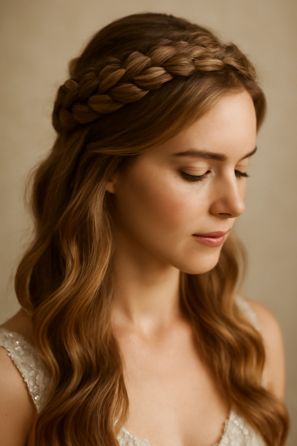 Close-up of a bridal crown braid across the top with soft waves