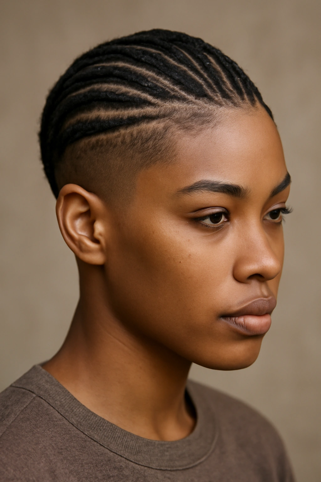 Head and shoulders of a person with cornrows on top and a sharp fade on the sides, showcasing braided design.