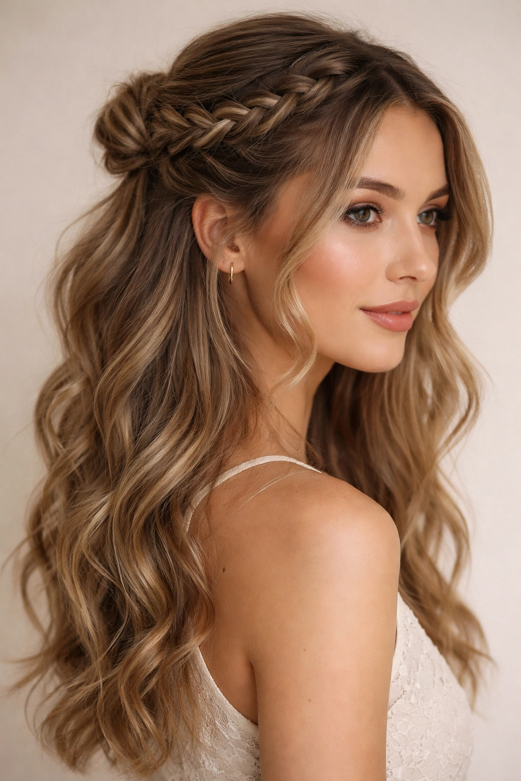 Half-up braided hairstyle with a visible braid adding texture and structure