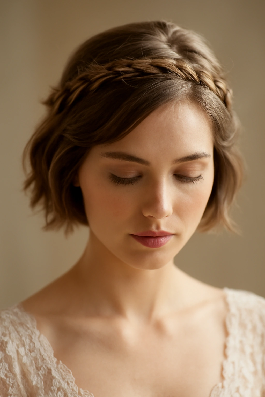Bridal hairstyle with a braided halo crown on short hair