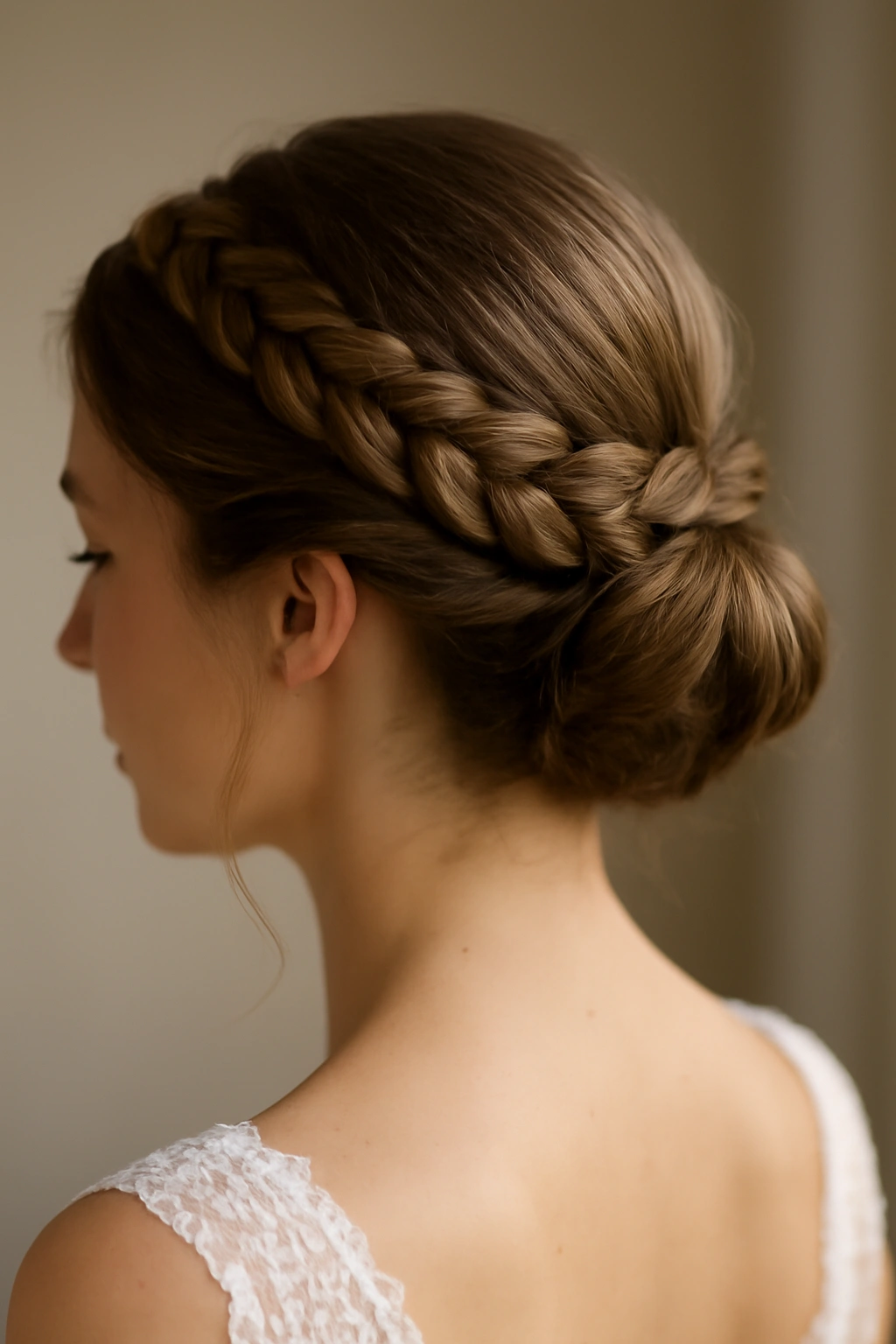 Close-up of a crown halo braid encircling the head with a low bun