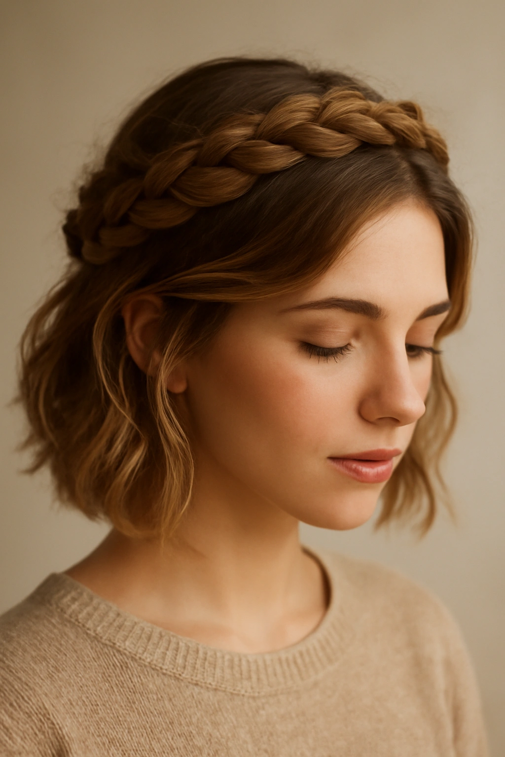 Halo braid encircling the head, creating a romantic crown effect.