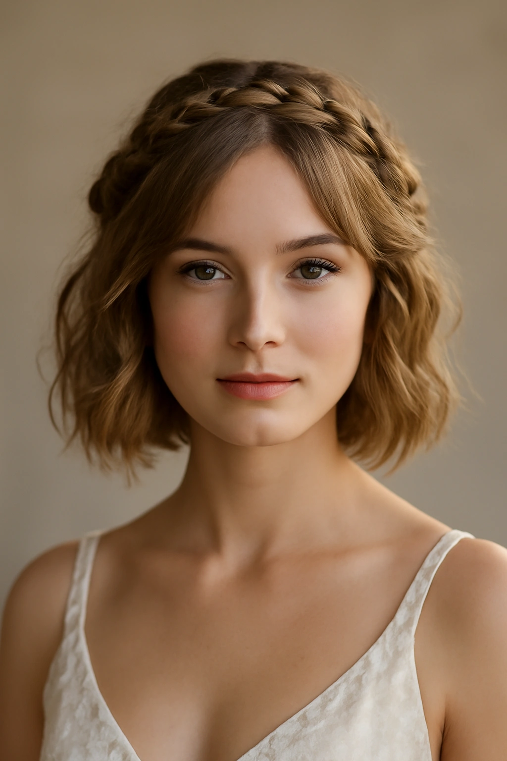 Bride wearing a braided halo with soft waves