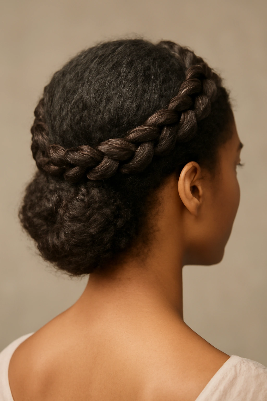 Braided halo updo with wrapped length showing texture for bridal look