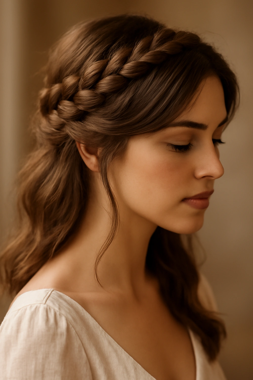 Braided halo updo with a crown braid framing the head