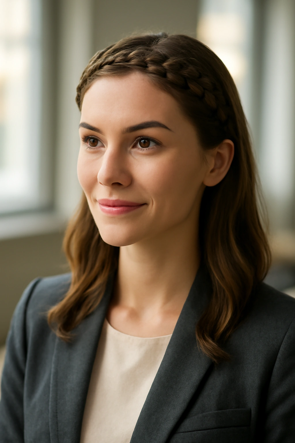 Braided headband across the head with loose hair.