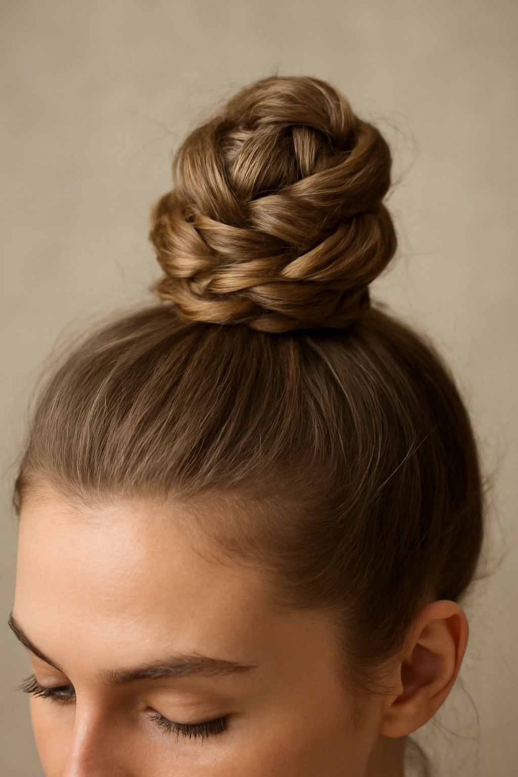 Braided knot topknot with interwoven braids forming a compact knot.