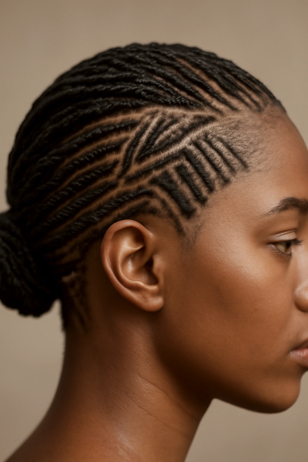 Close-up of microbraids forming geometric line patterns on the scalp
