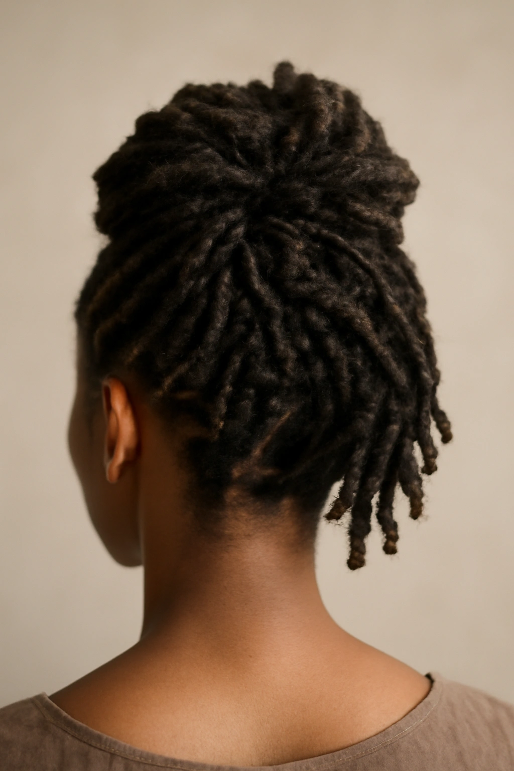 Back-view updo with braided and loose locs showing texture