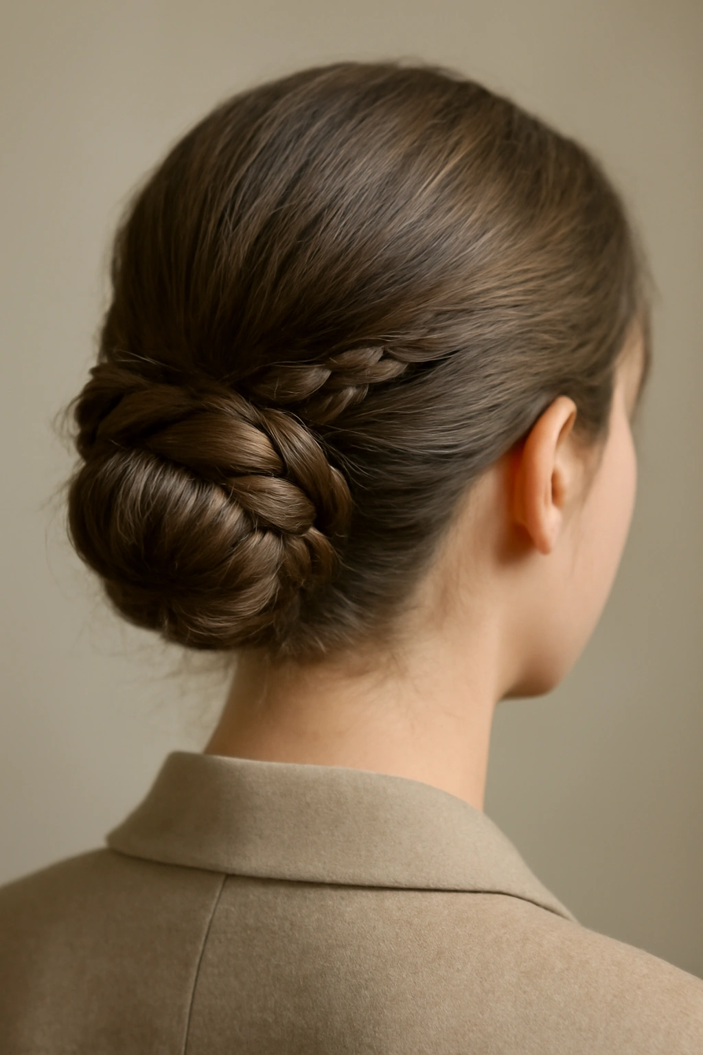 Braided low bun coiled at the nape of neck
