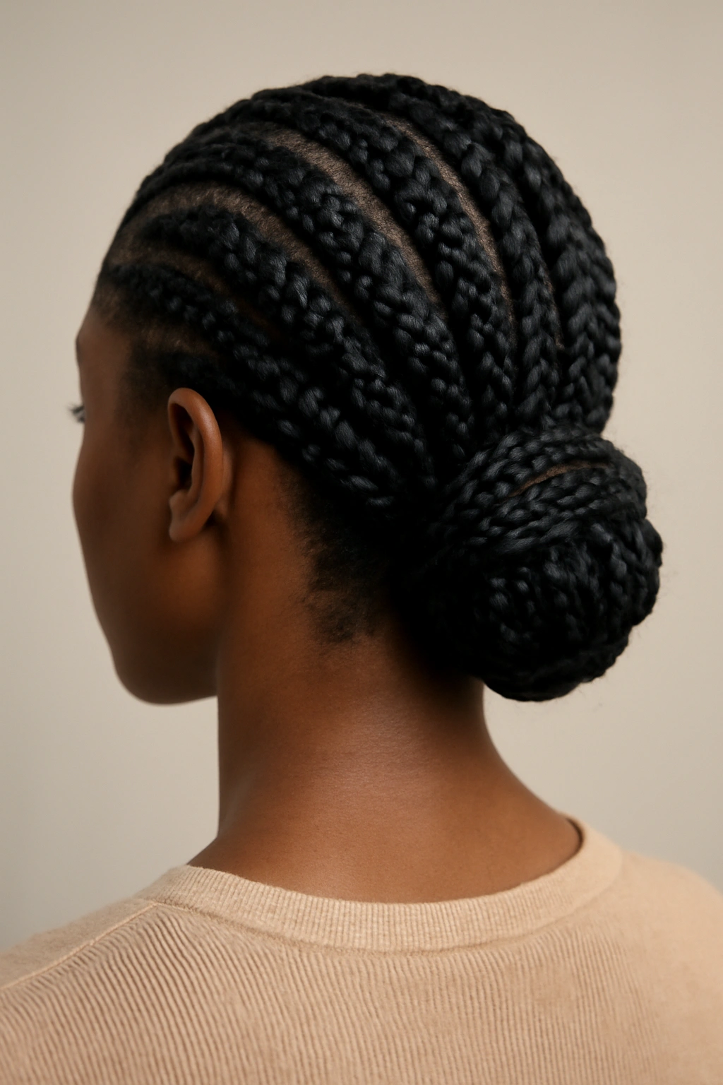 Low braided bun at the nape with visible box braids texture