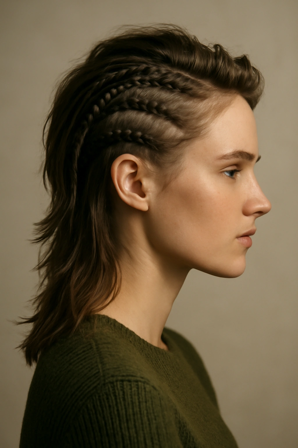 Close-up portrait of a mullet with intricately braided details along the top and back
