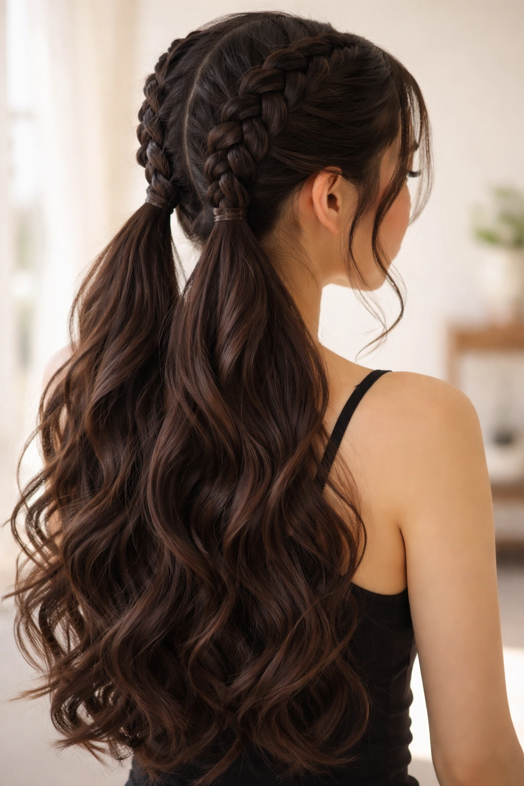 Long thick braids with cascading waves in a studio portrait