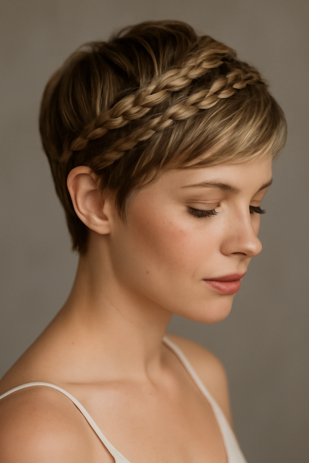 Close-up of braided pixie with extensions for bridal hairstyle