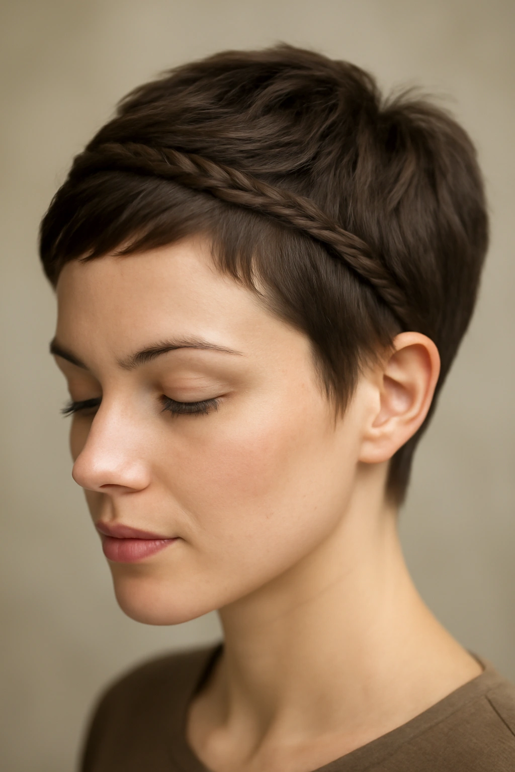 Close-up of a short pixie with a delicate braid across the crown for a formal look