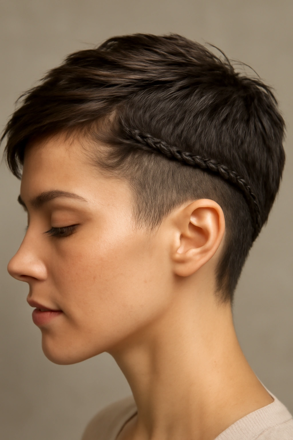 Close-up of a pixie cut with a small braid along the undercut edge
