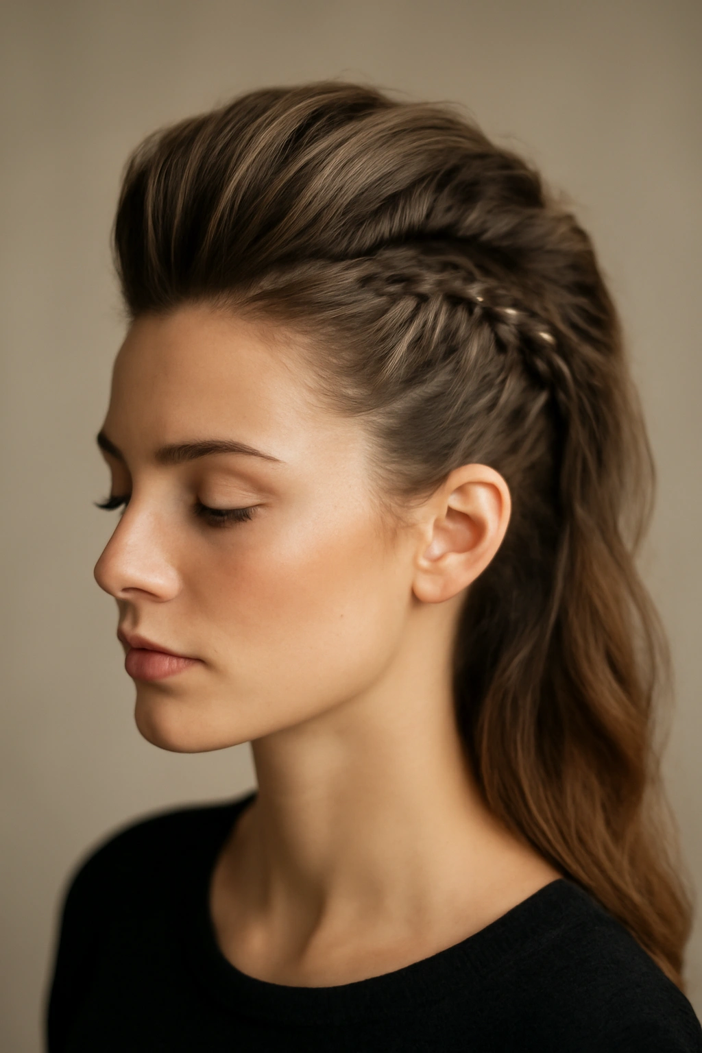 Braided pompadour hairstyle with textured crown and braided sections