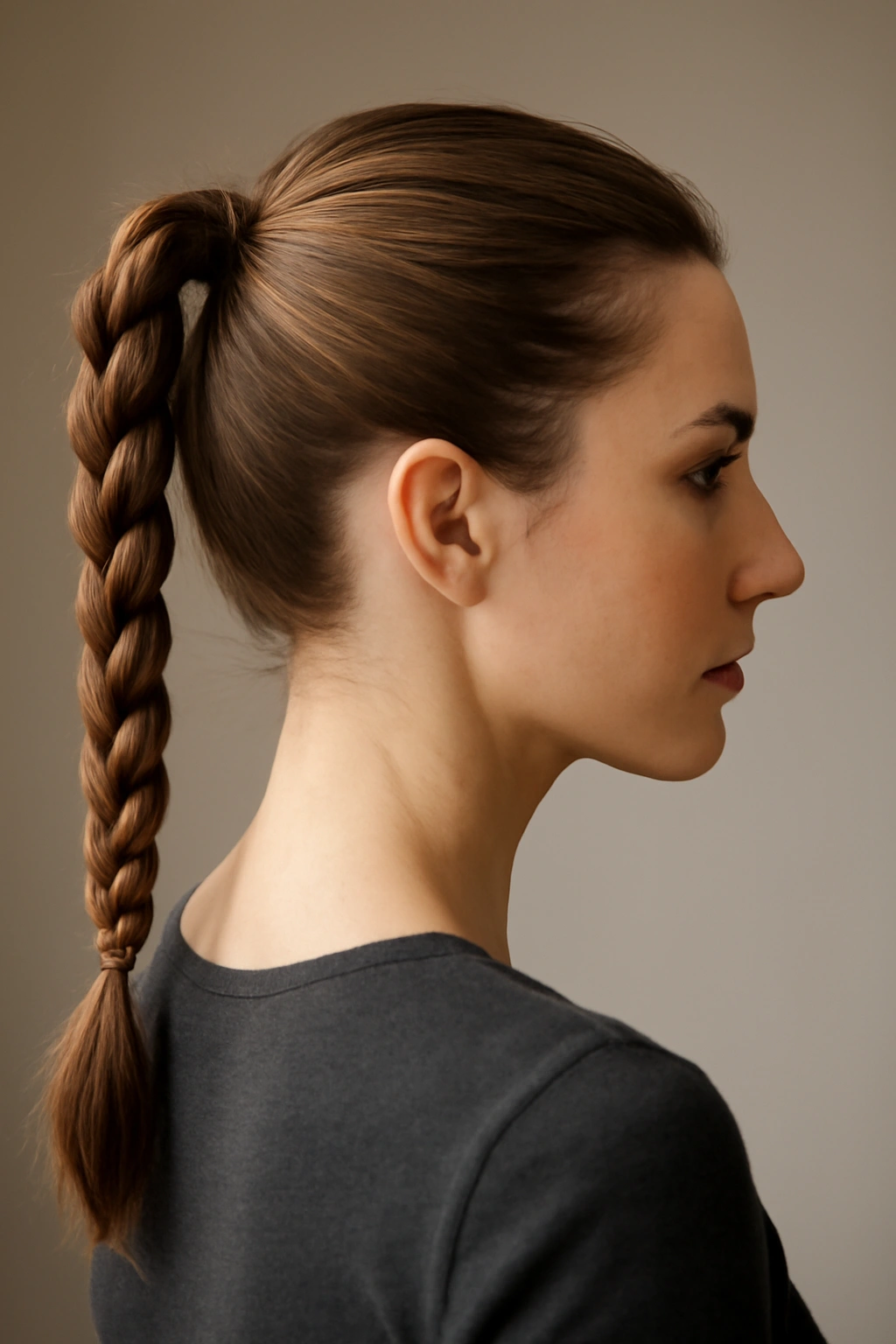 Braided ponytail with a braid along its length in a neutral studio.
