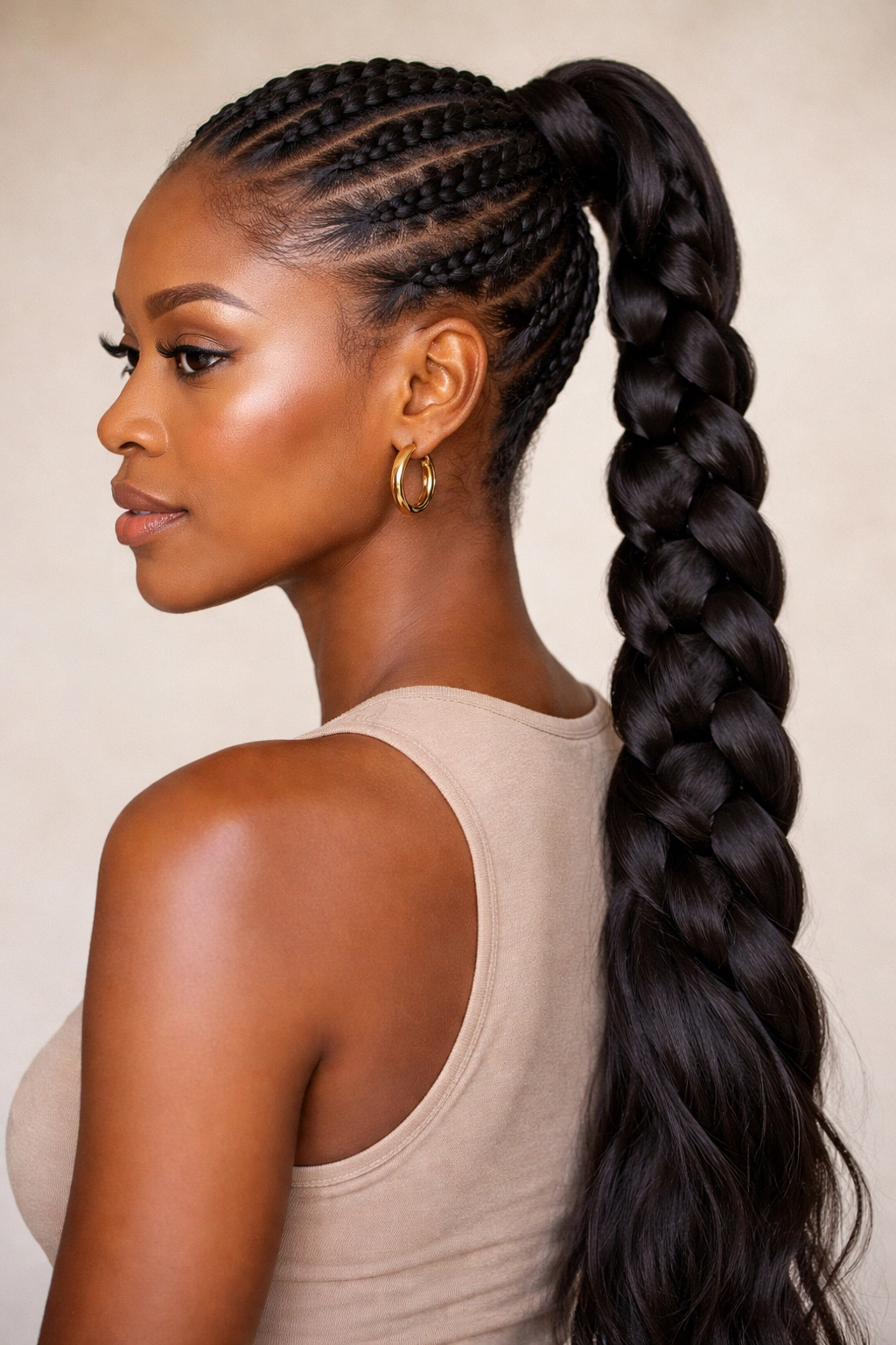Close-up of a braided ponytail with cascading length on a Black woman.