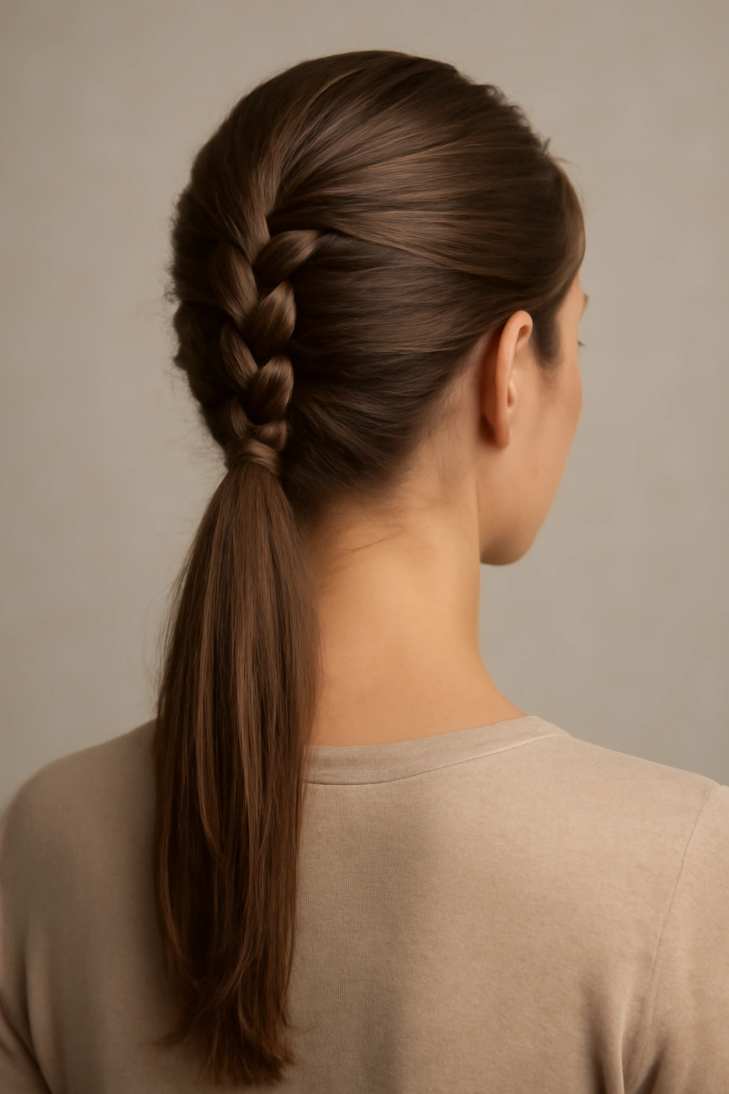 Braided ponytail with integrated braid entering the ponytail