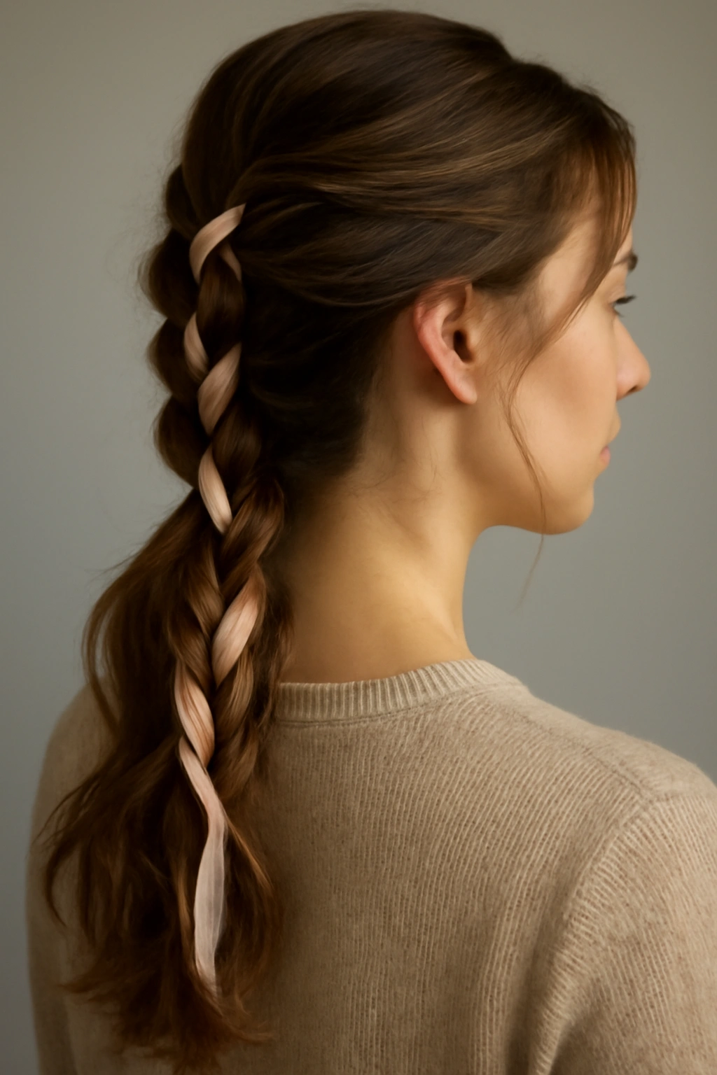 Loose braided ponytail with ribbon woven through