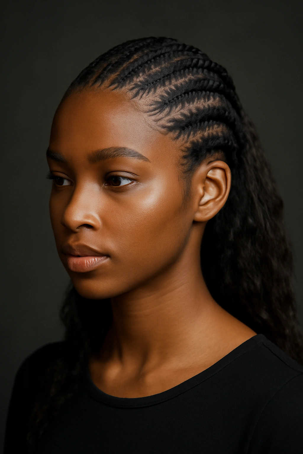 Close-up portrait of a Black woman with braided pushback crown.
