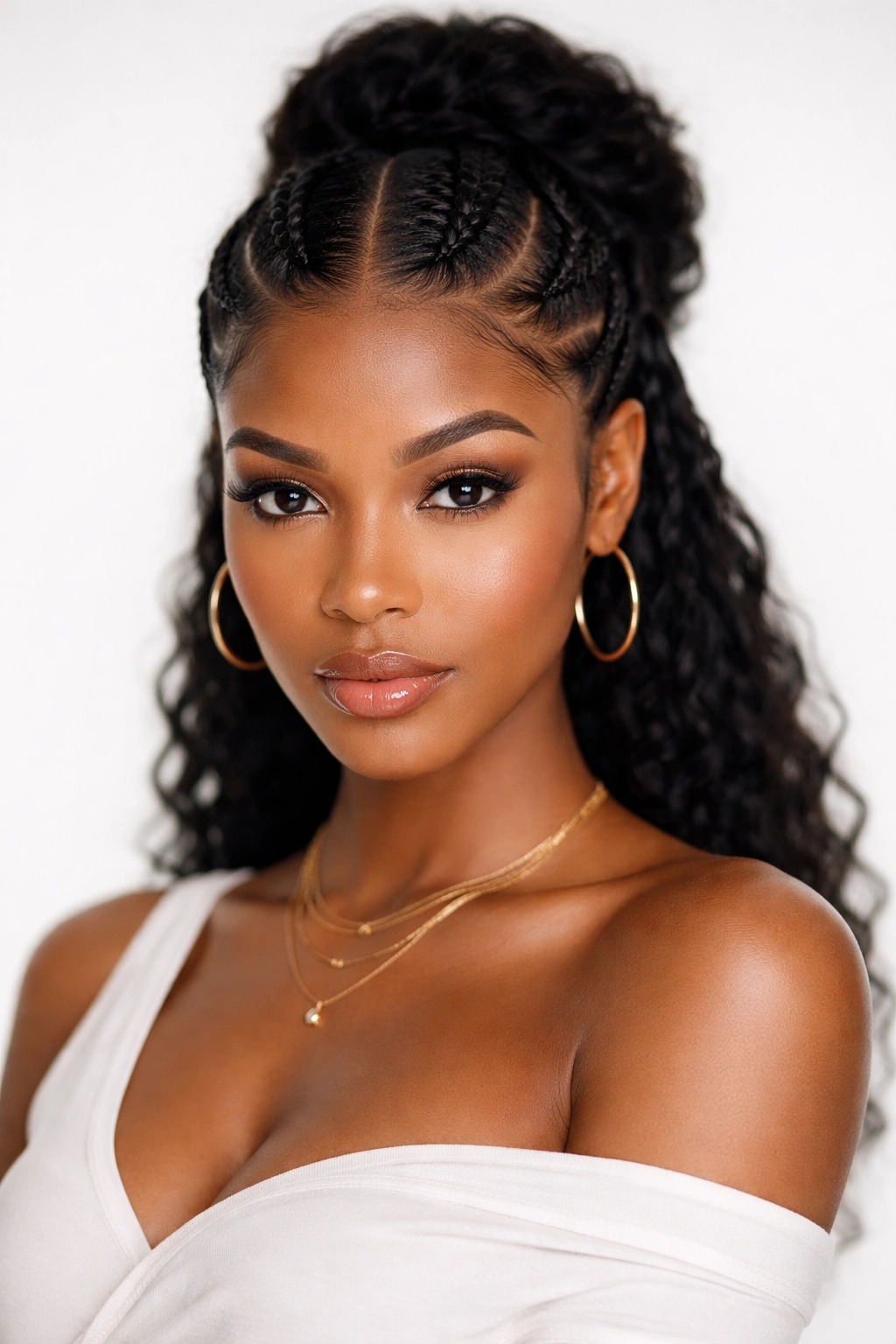 Symmetrical braided sides pushback hairstyle with center-part gathered into a bun