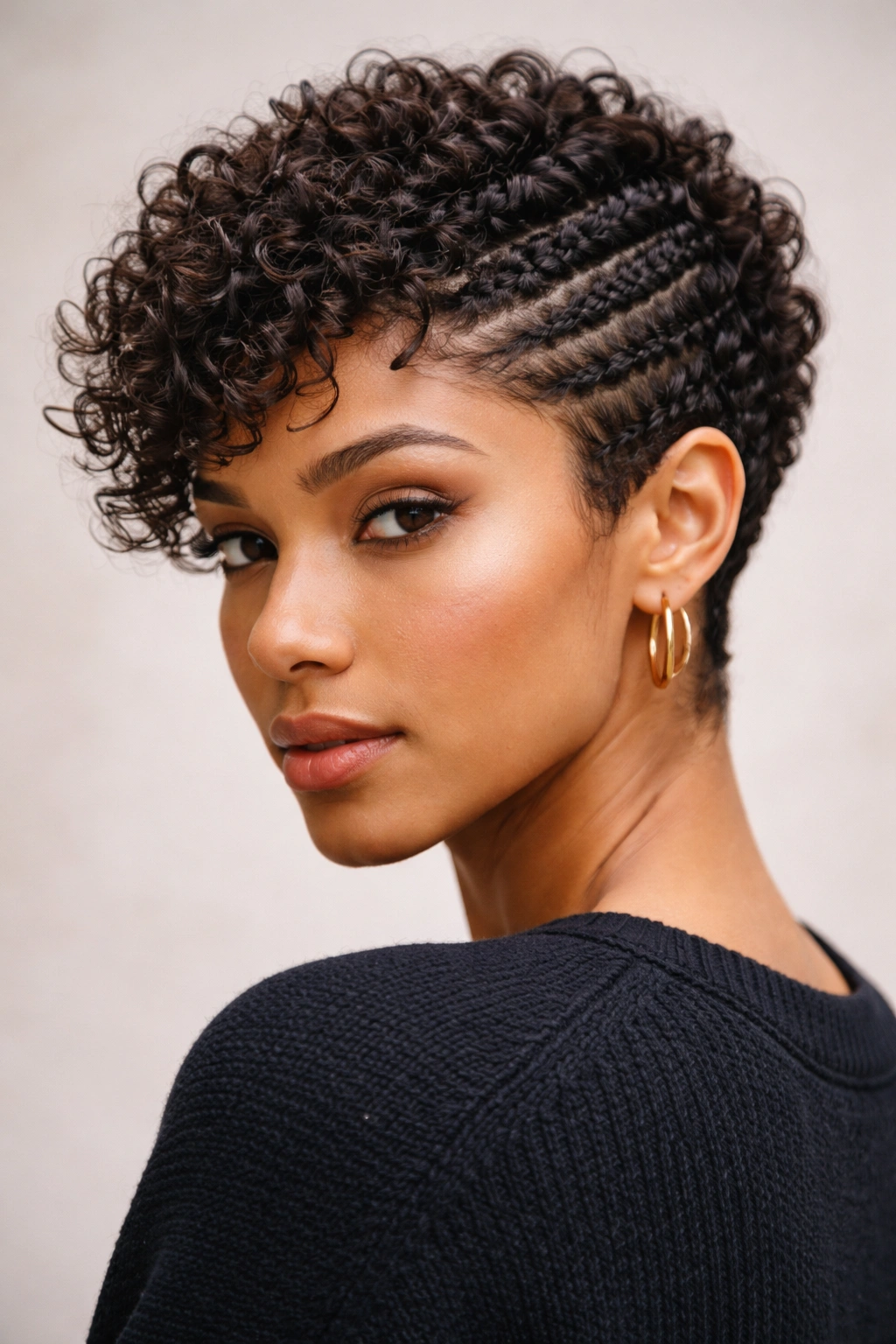 Portrait of a person with braided-inspired texture cut showing separated curls.