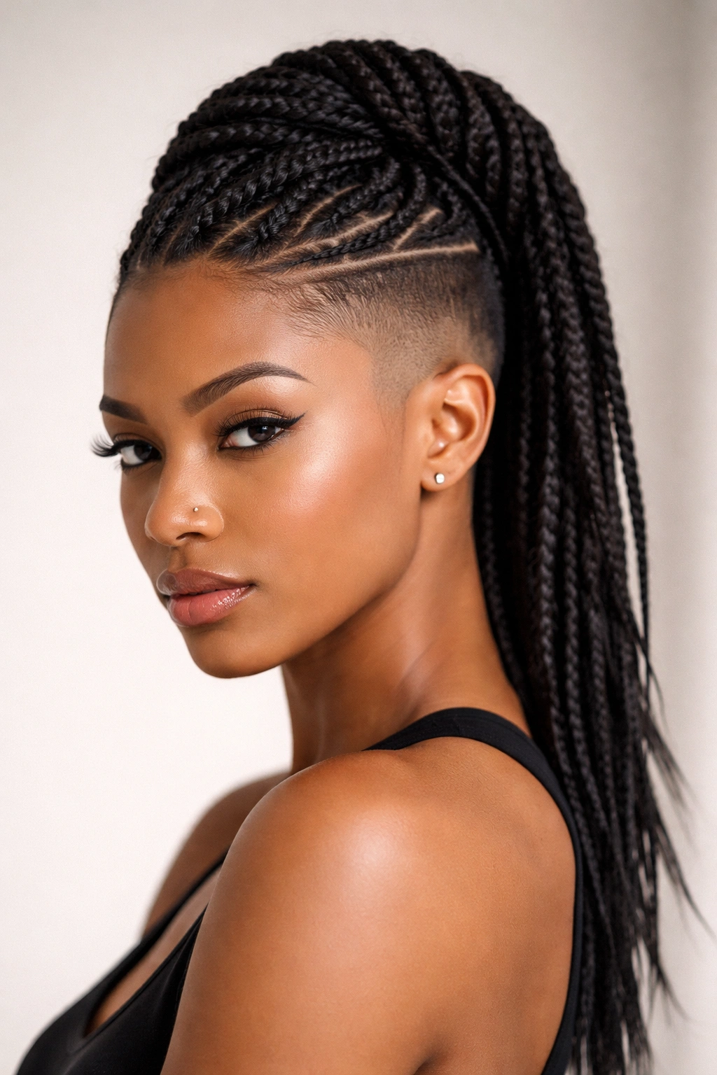 Portrait of Braided or Twisted Top with Shaved Sides showing long braids against shaved sides