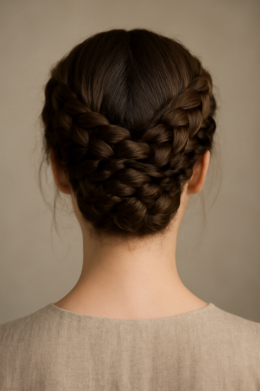 Back view of braided updo with intertwined braids into a bun