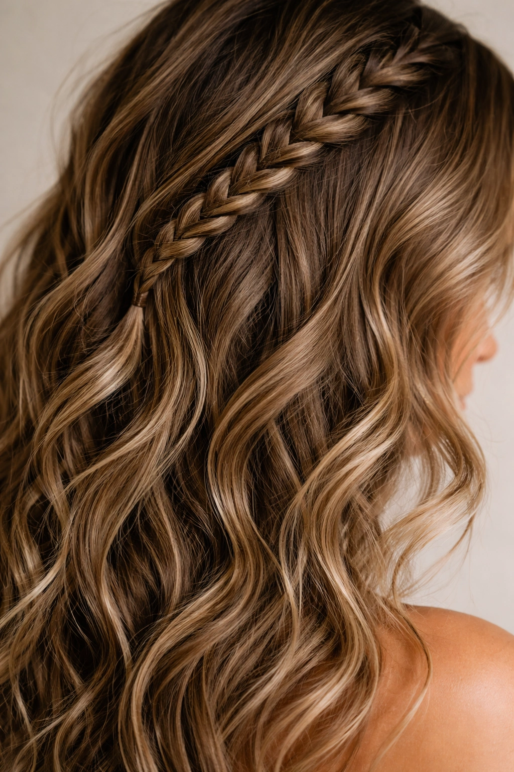 Close-up of wavy hair with Dutch braid integrated into the waves