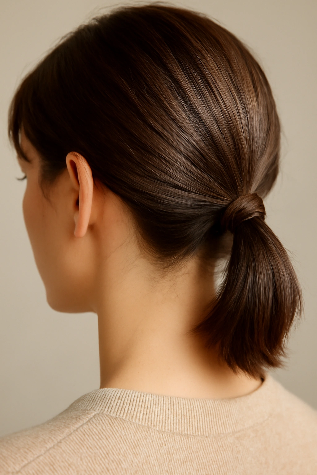 Low ponytail with a thin braid wrapped around the base