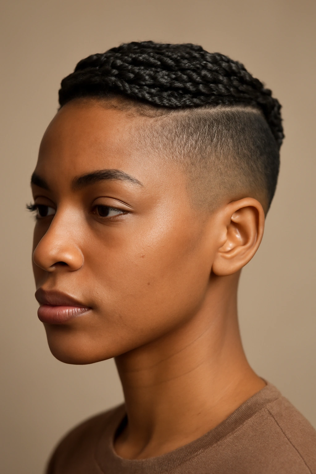 Close-up portrait of a Black woman with a cropped back and a crown of small braids
