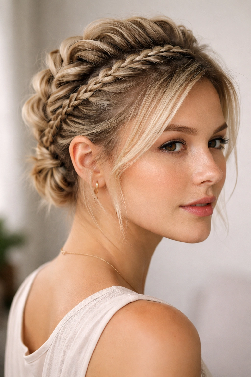 Two thin braids along the crown forming a faux hawk on short hair